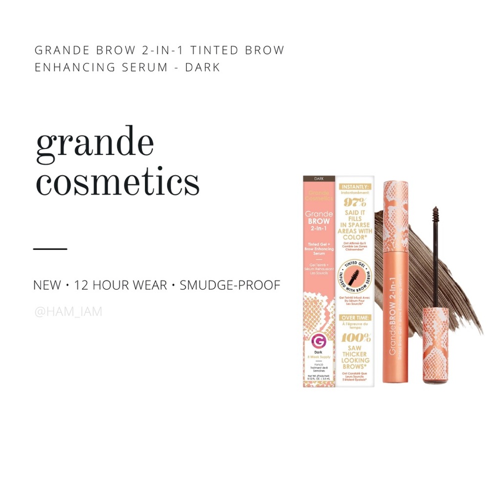 NEW Grande Cosmetics 2-in-1 Tinted Brow Enhancing Serum - Dark [Brown]